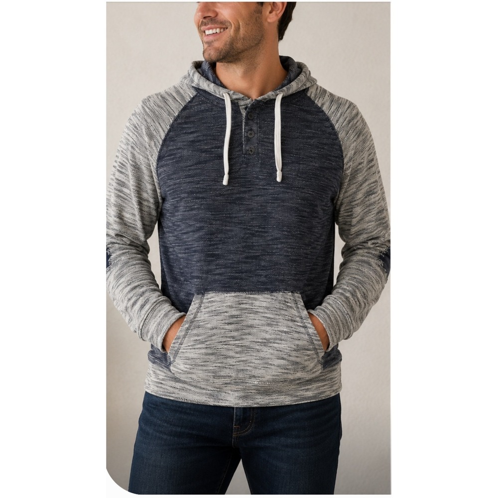 Free Planet Mens Space Dye Henley Hoodie Navy Grey Raglan Pullover XL FH9U22NNA